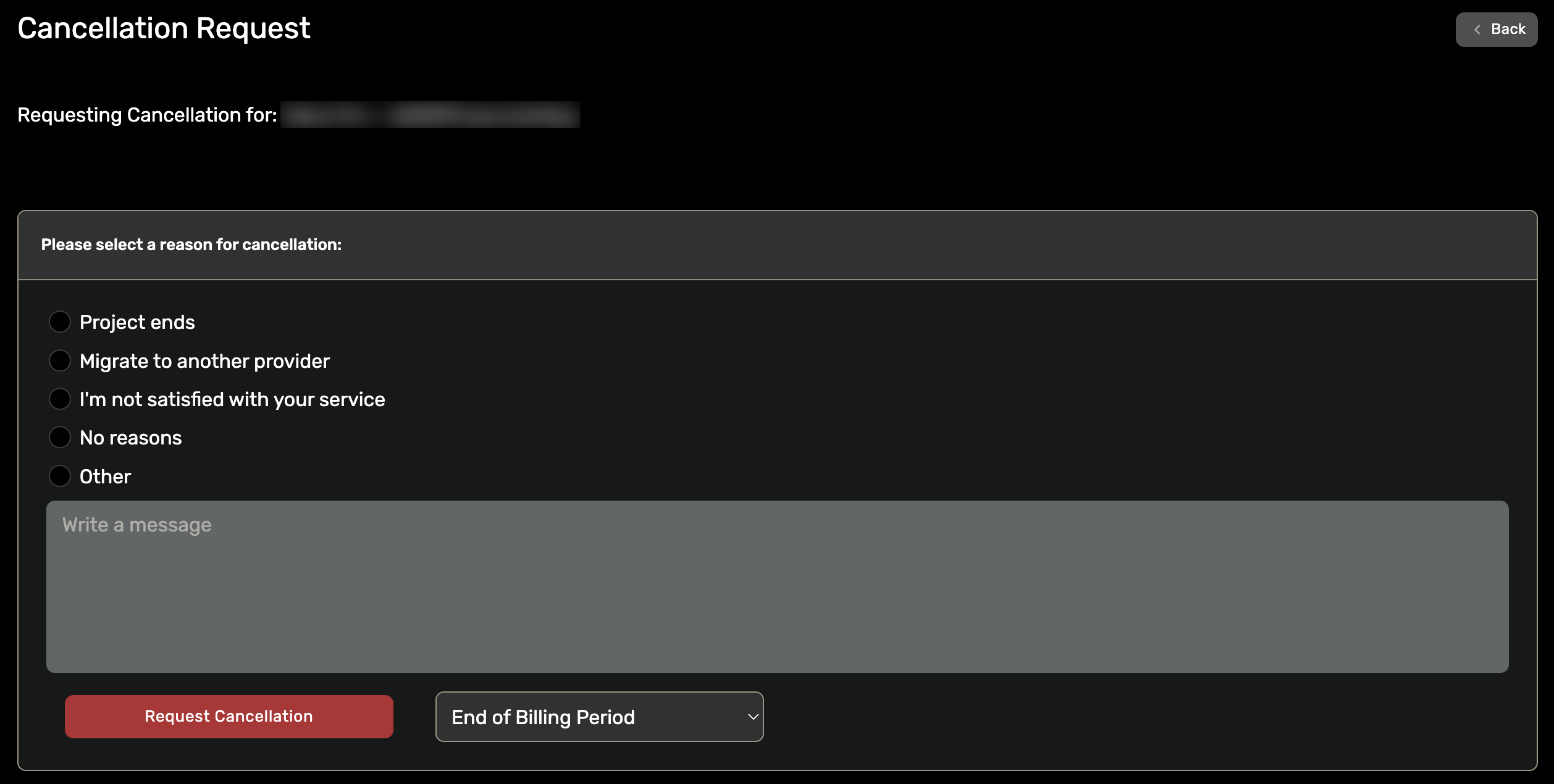 The Request Cancellation page The Request Cancellation page