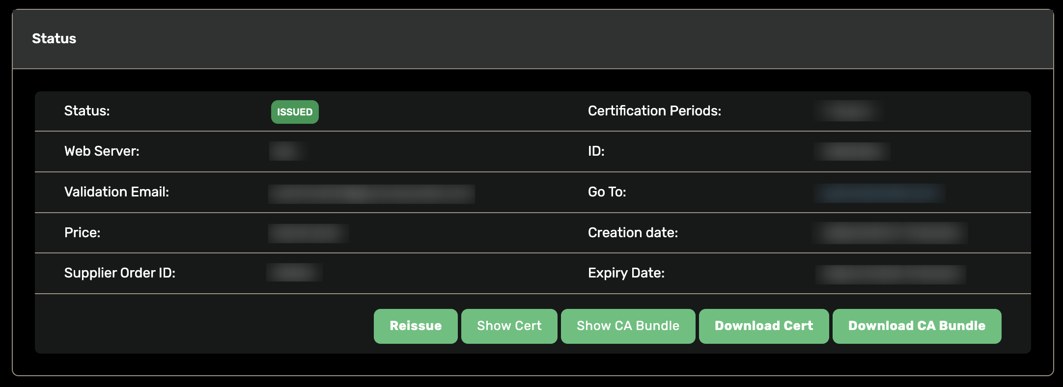 The certificate status page in the client area The certificate status page in the client area