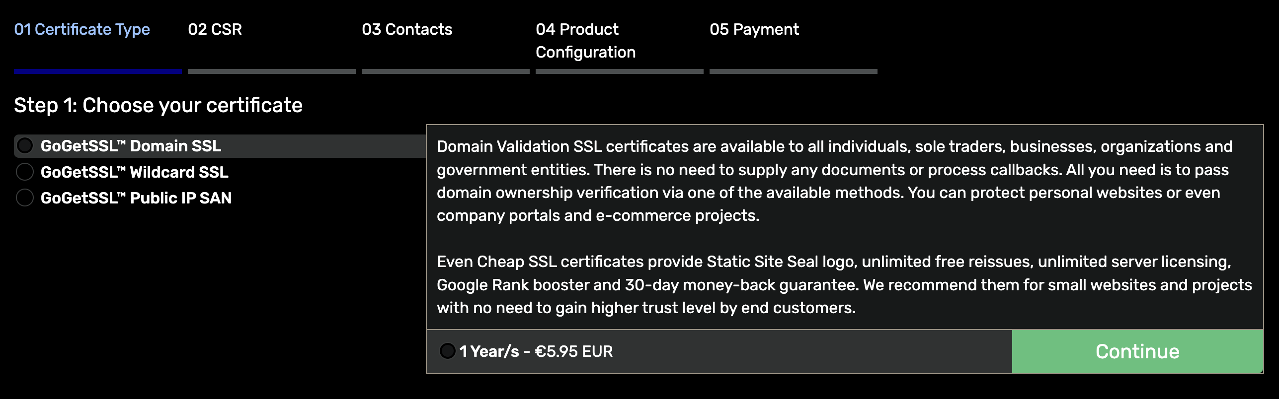 Choosing the certificate type Choosing the certificate type