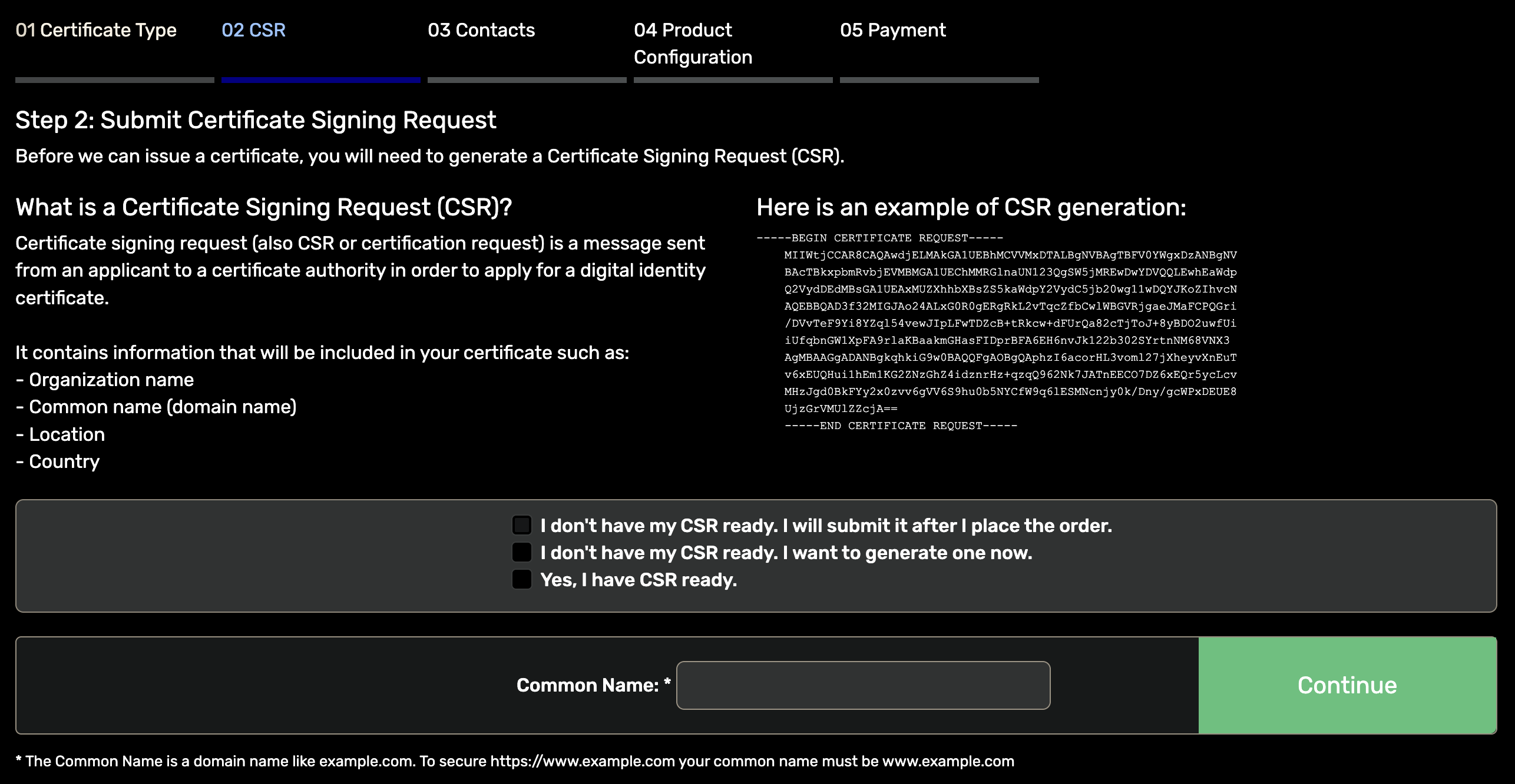 The CSR step of the SSL order wizard The CSR step of the SSL order wizard